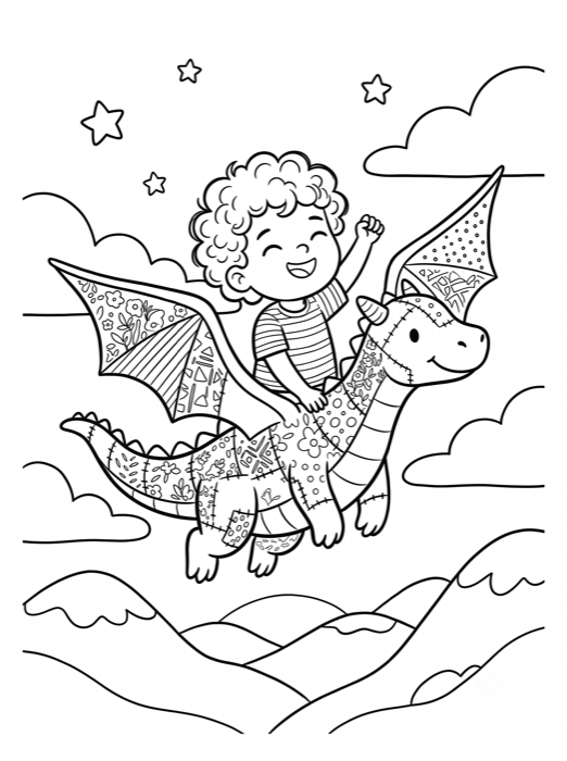 Black-and-white coloring-page version of the same storybook scene