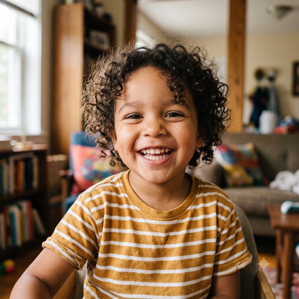 A smiling young child at home