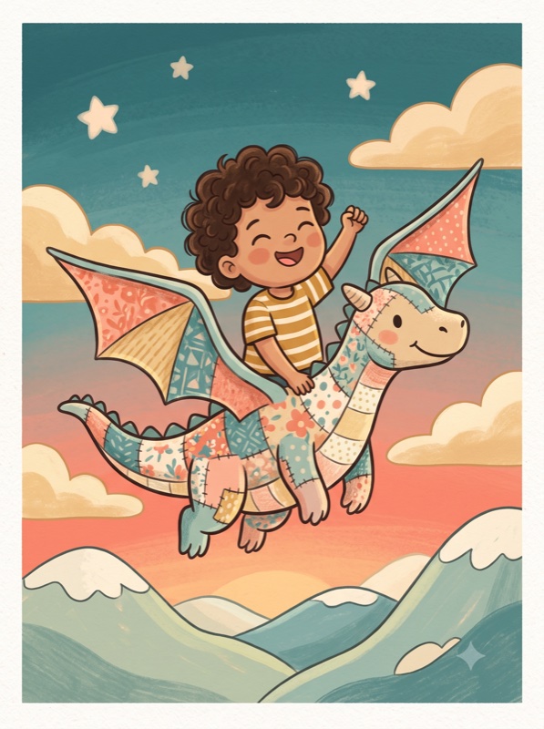 Storybook page with the child as the hero, riding a friendly patchwork dragon