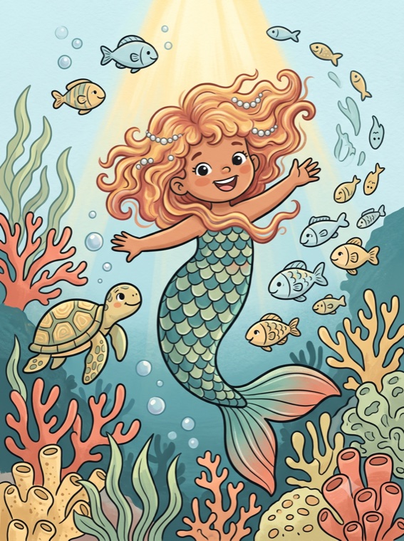 Story spread — a child as a mermaid in a rainbow reef