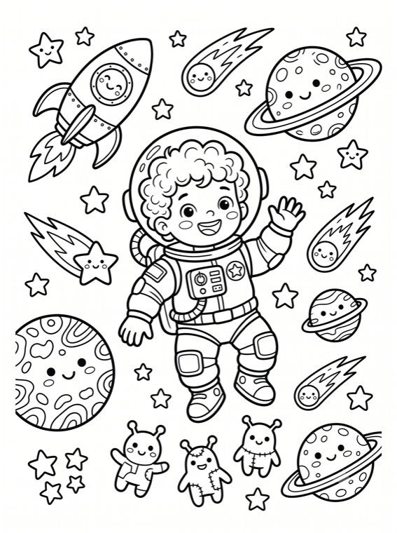 Coloring page — a child astronaut on a space adventure